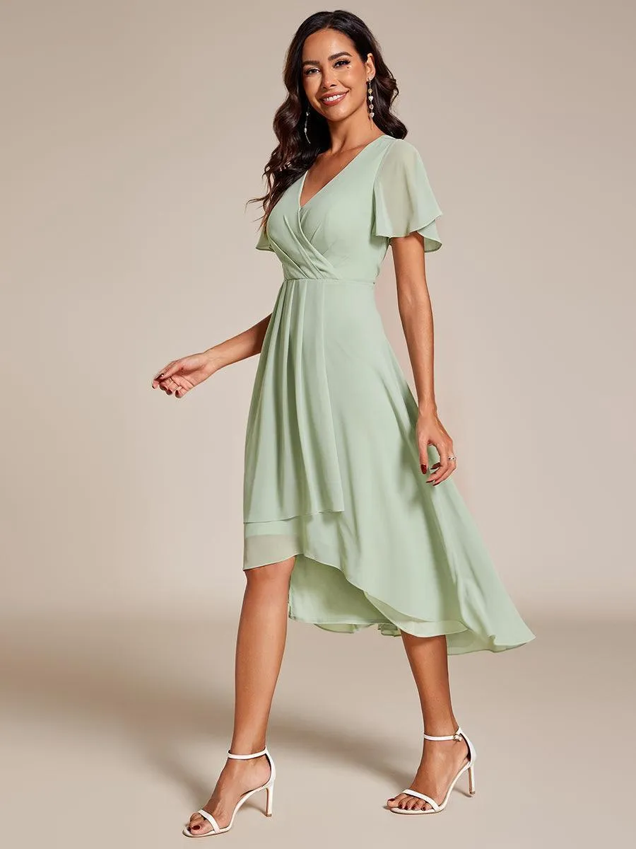 Robe de soirée midi en mousseline plissée à col en V et manches volantées