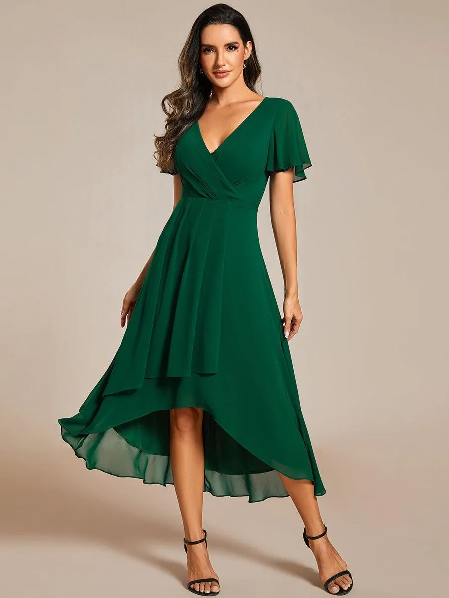 Robe de soirée midi en mousseline plissée à col en V et manches volantées