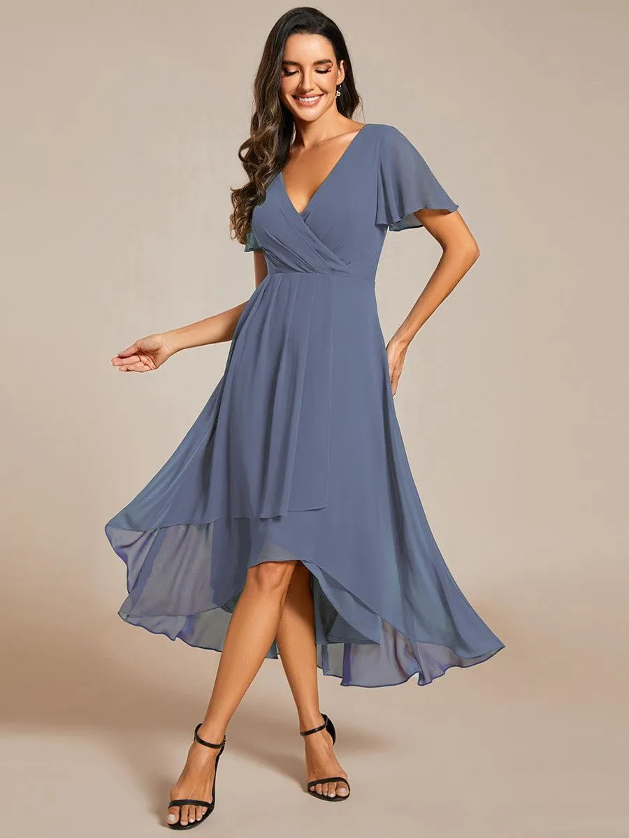 Robe de soirée midi en mousseline plissée à col en V et manches volantées