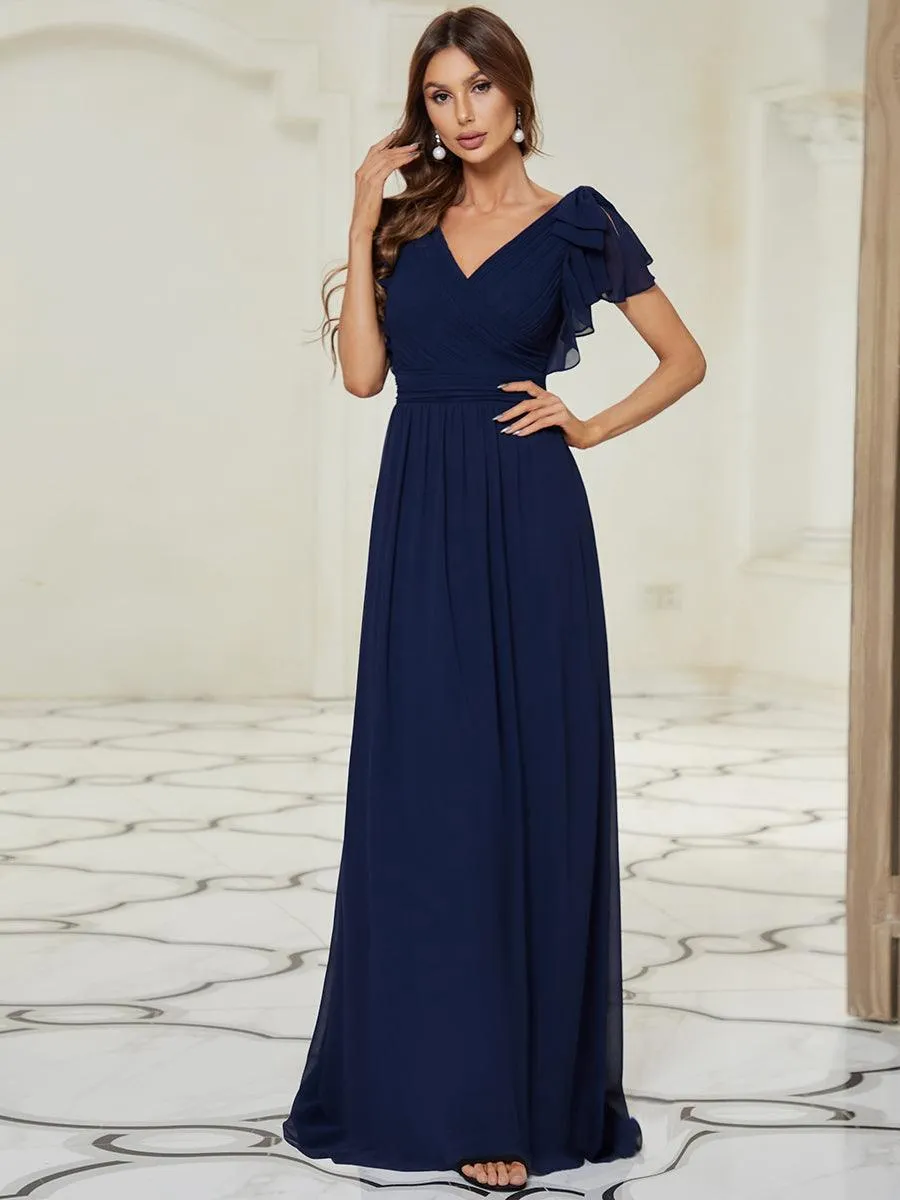 Robe Demoiselle d'Honneur Longue en Mousseline avec Manches à Volants