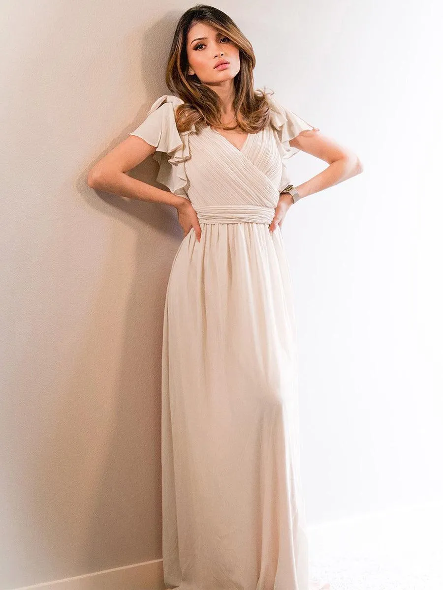 Robe Demoiselle d'Honneur Longue en Mousseline avec Manches à Volants