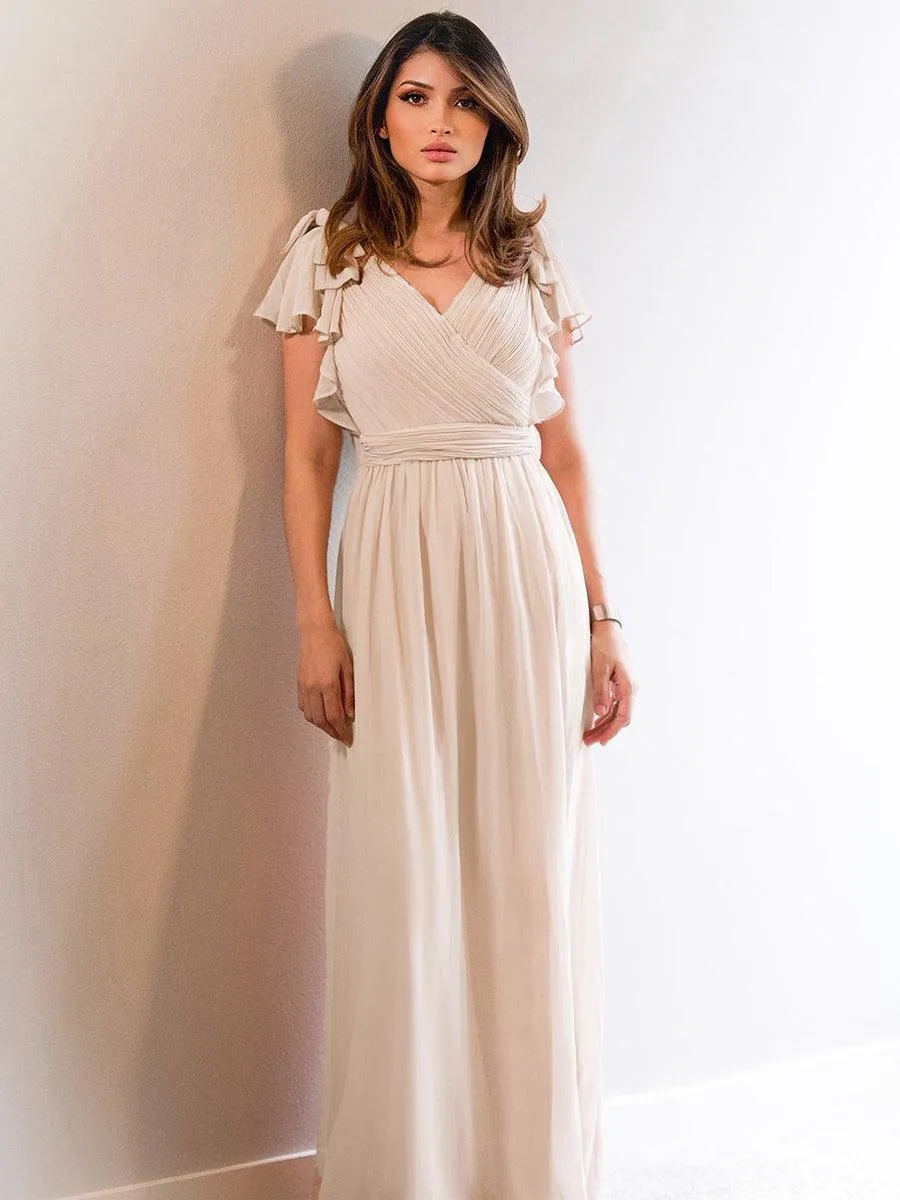 Robe Demoiselle d'Honneur Longue en Mousseline avec Manches à Volants