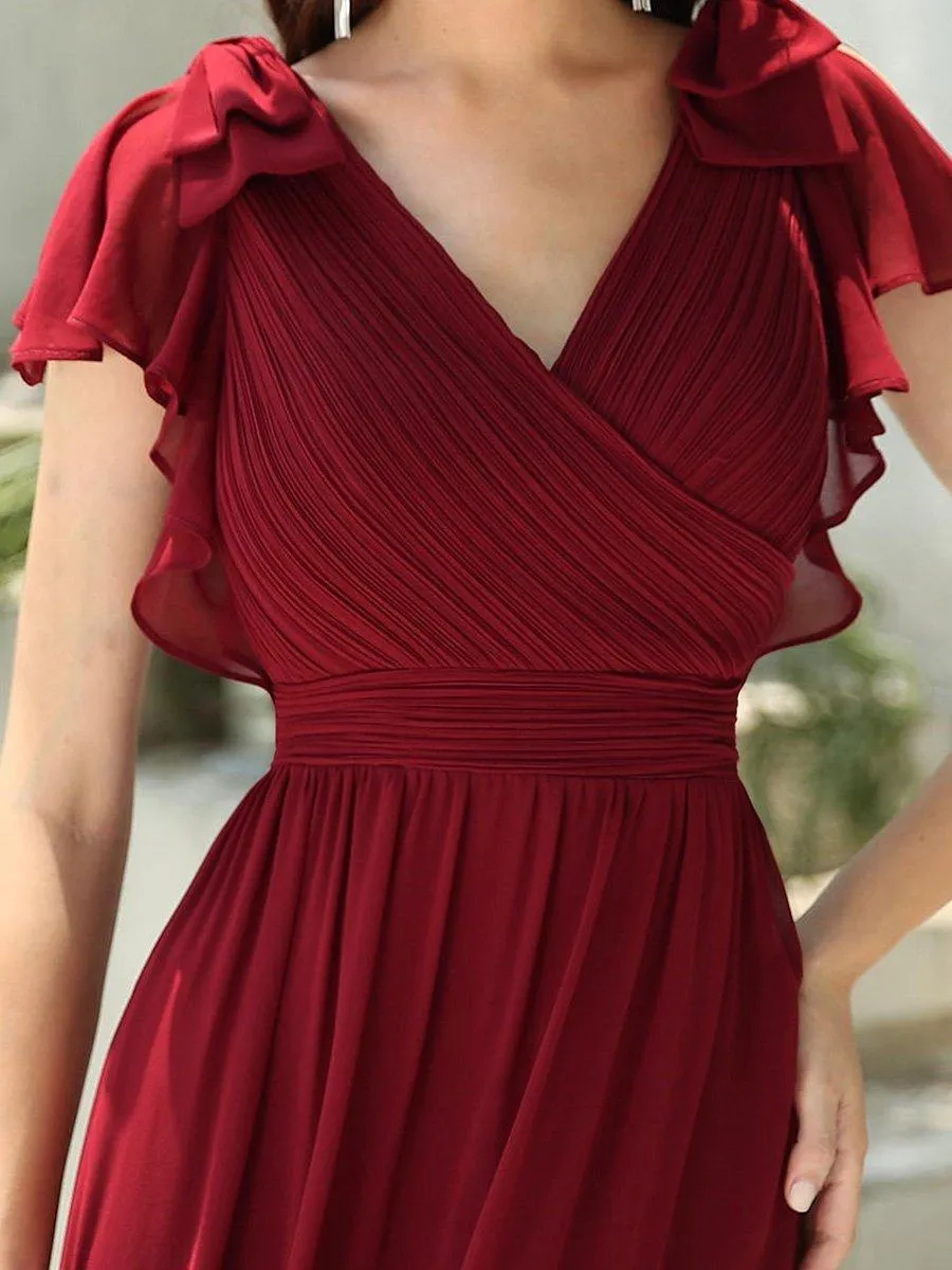Robe Demoiselle d'Honneur Longue en Mousseline avec Manches à Volants