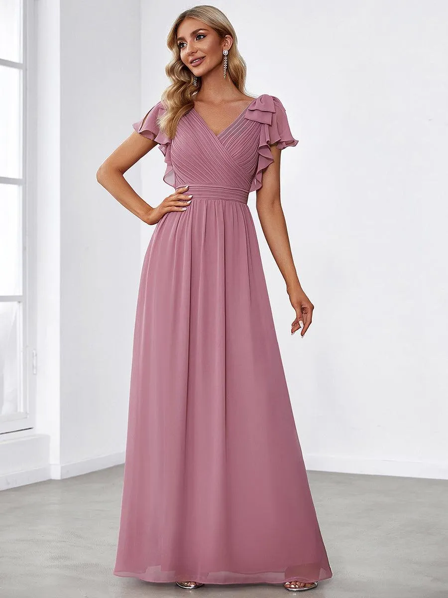 Robe Demoiselle d'Honneur Longue en Mousseline avec Manches à Volants