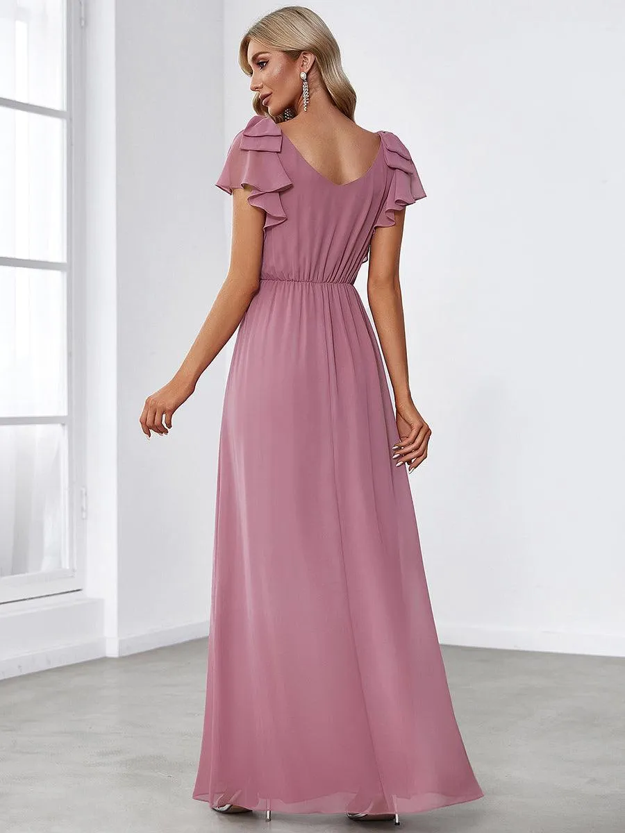 Robe Demoiselle d'Honneur Longue en Mousseline avec Manches à Volants