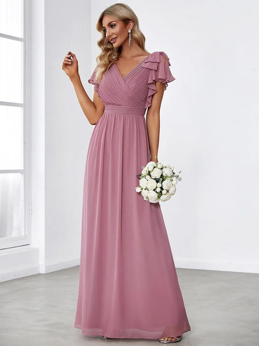Robe Demoiselle d'Honneur Longue en Mousseline avec Manches à Volants