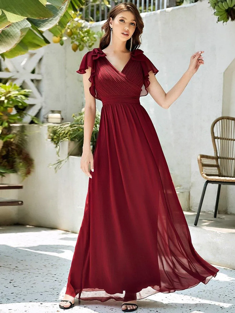 Robe Demoiselle d'Honneur Longue en Mousseline avec Manches à Volants