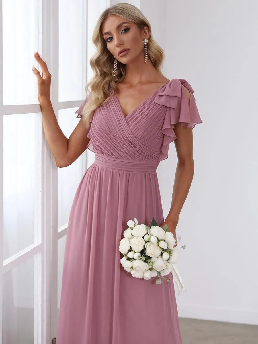 Robe Demoiselle d'Honneur Longue en Mousseline avec Manches à Volants