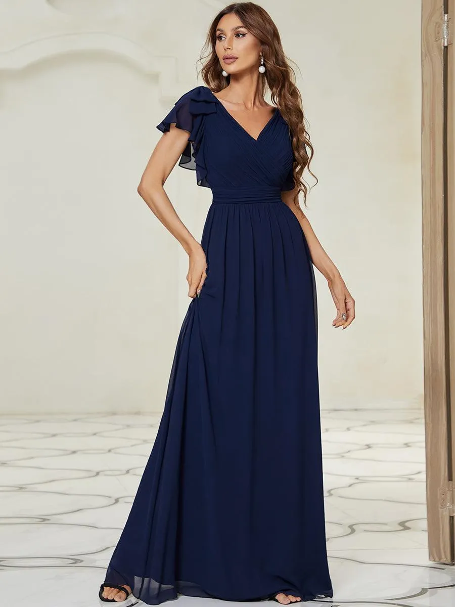 Robe Demoiselle d'Honneur Longue en Mousseline avec Manches à Volants
