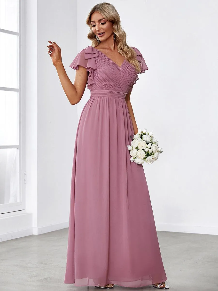 Robe Demoiselle d'Honneur Longue en Mousseline avec Manches à Volants