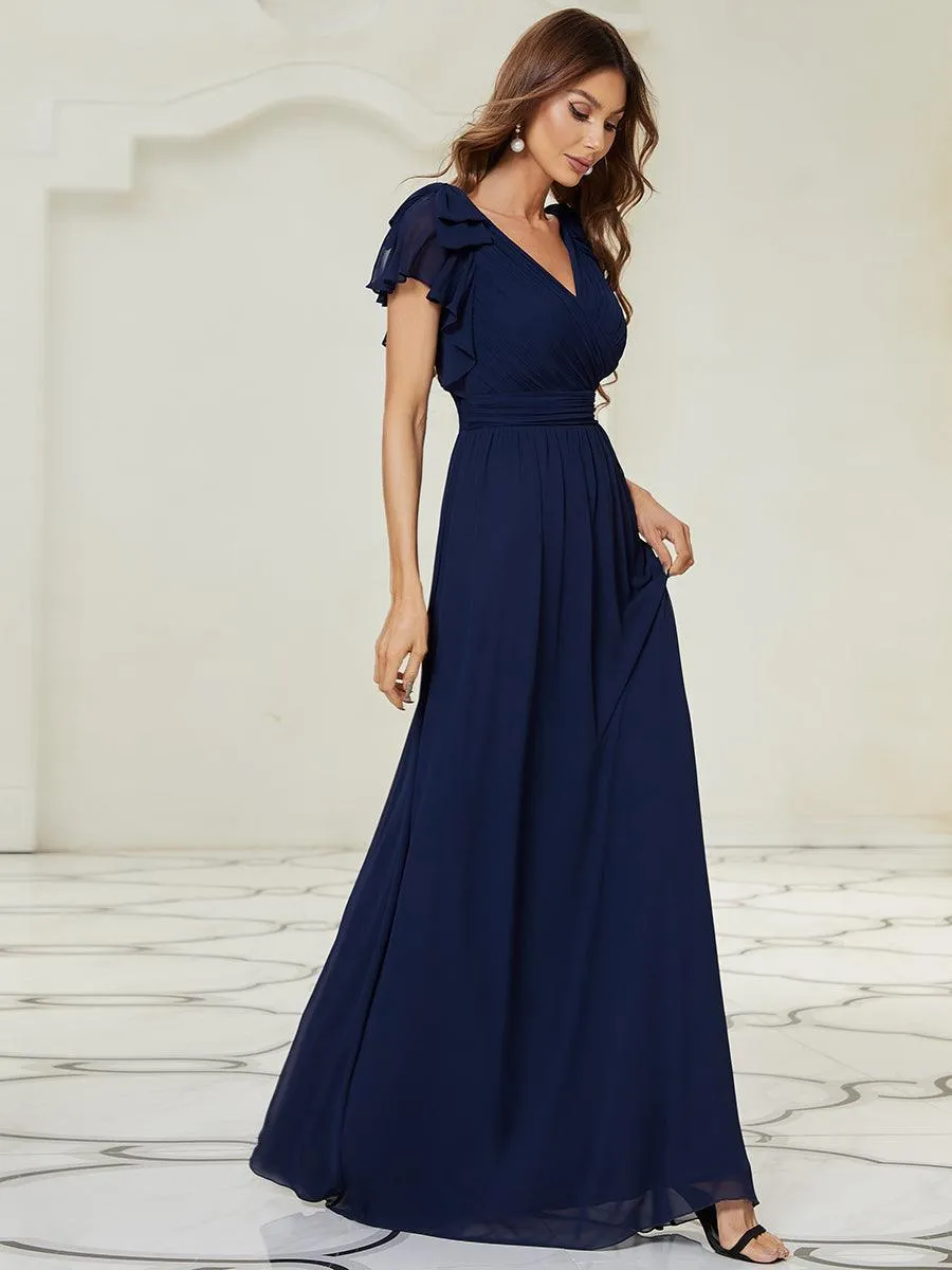 Robe Demoiselle d'Honneur Longue en Mousseline avec Manches à Volants