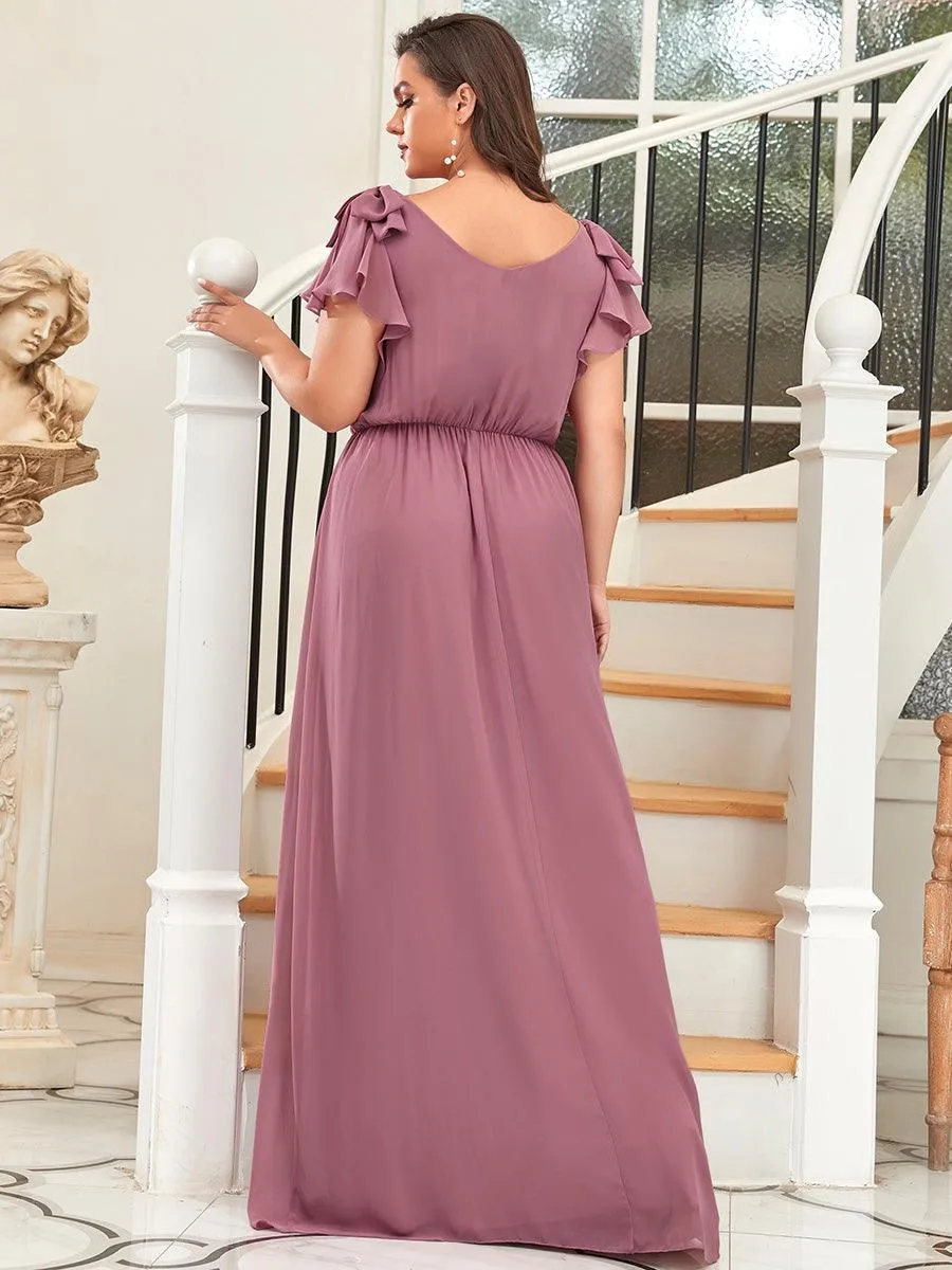 Robe Demoiselle d'Honneur Longue en Mousseline avec Manches à Volants