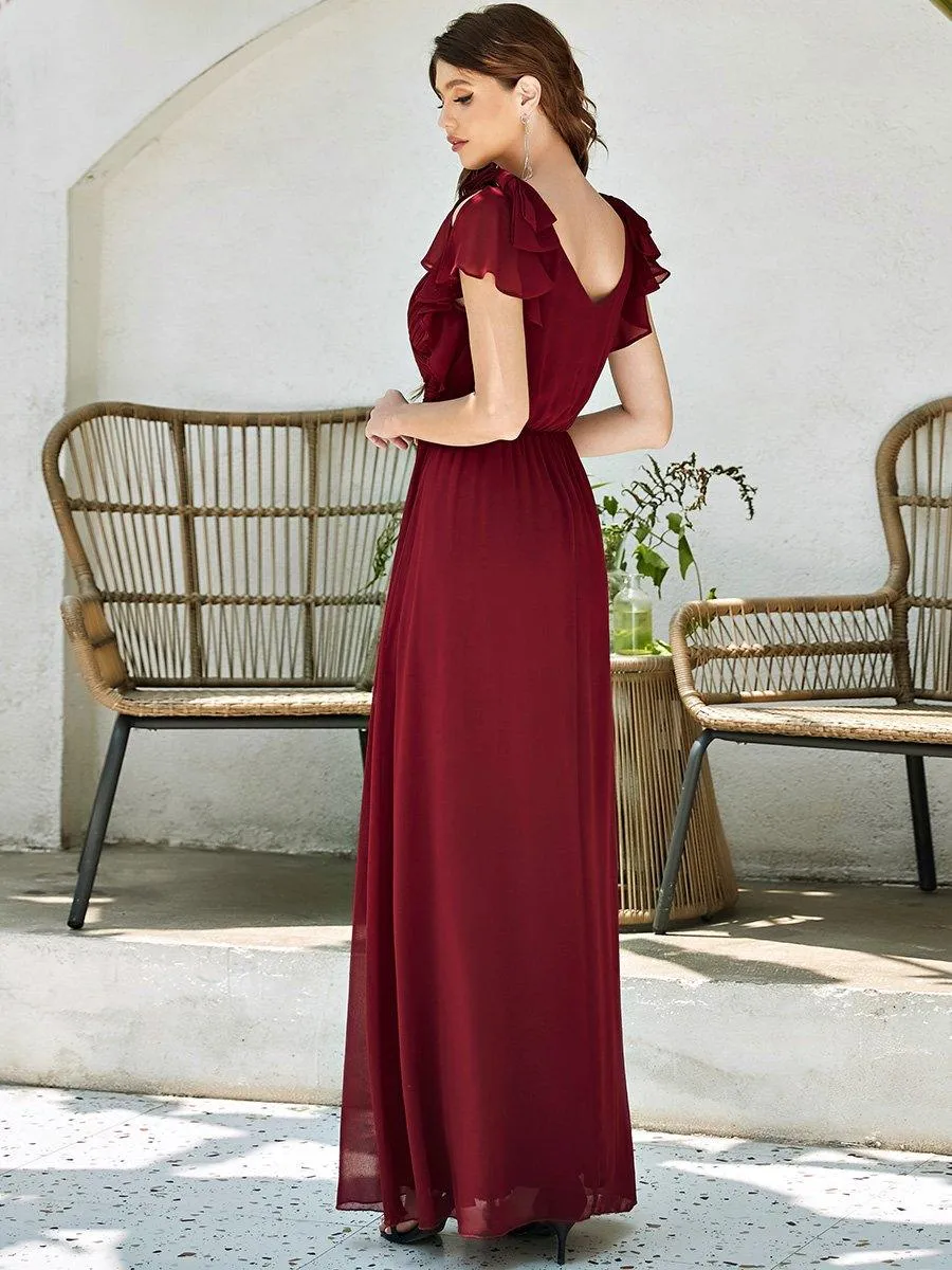 Robe Demoiselle d'Honneur Longue en Mousseline avec Manches à Volants