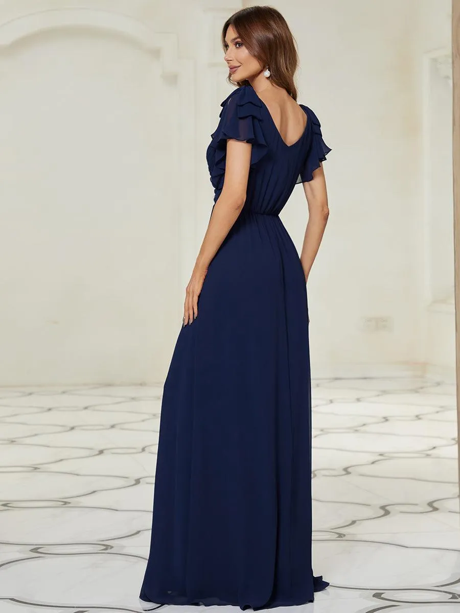 Robe Demoiselle d'Honneur Longue en Mousseline avec Manches à Volants