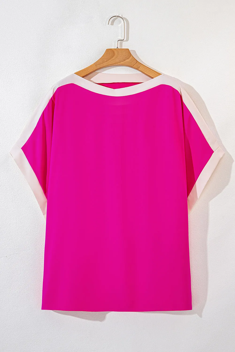 Rose Red Oversized Color Block Boat Neck Tunic Blouse