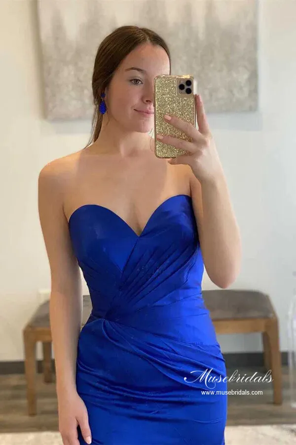 Royal Blue Satin Sheath Sweetheart Ruffled Bodice Long Prom Dresses, MP897