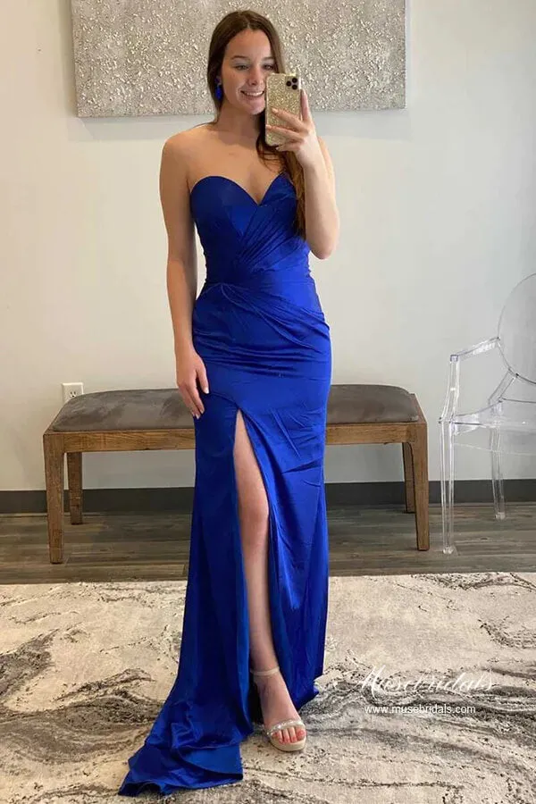 Royal Blue Satin Sheath Sweetheart Ruffled Bodice Long Prom Dresses, MP897