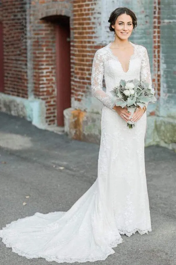 Roycebridal Ivory Lace Sheath V-neck Long Sleeves Wedding Dresses, Bridal Gown, MW610
