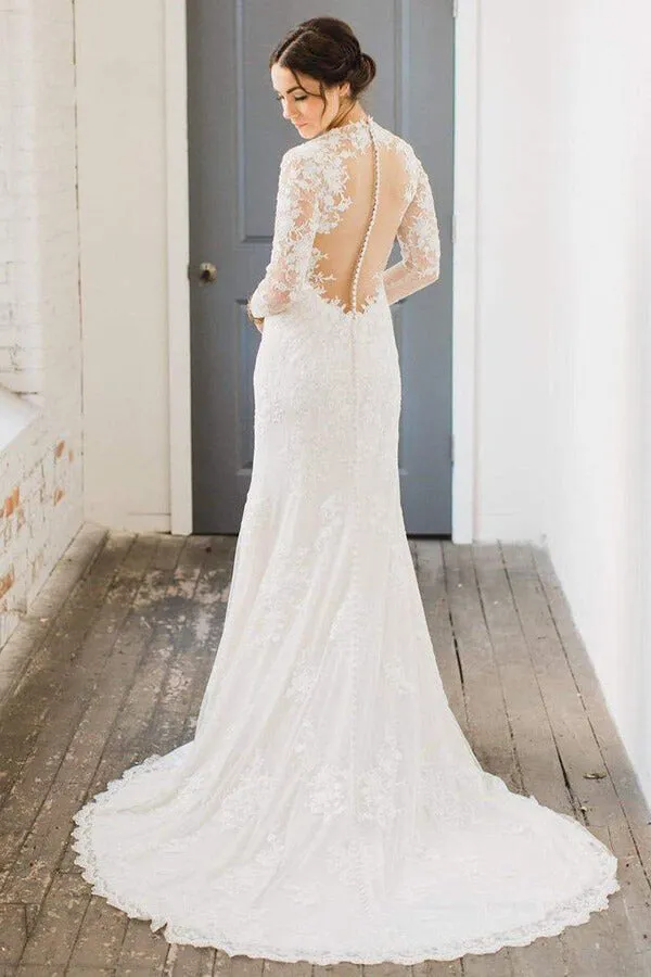 Roycebridal Ivory Lace Sheath V-neck Long Sleeves Wedding Dresses, Bridal Gown, MW610