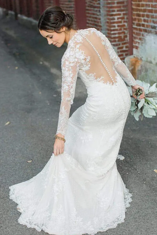 Roycebridal Ivory Lace Sheath V-neck Long Sleeves Wedding Dresses, Bridal Gown, MW610