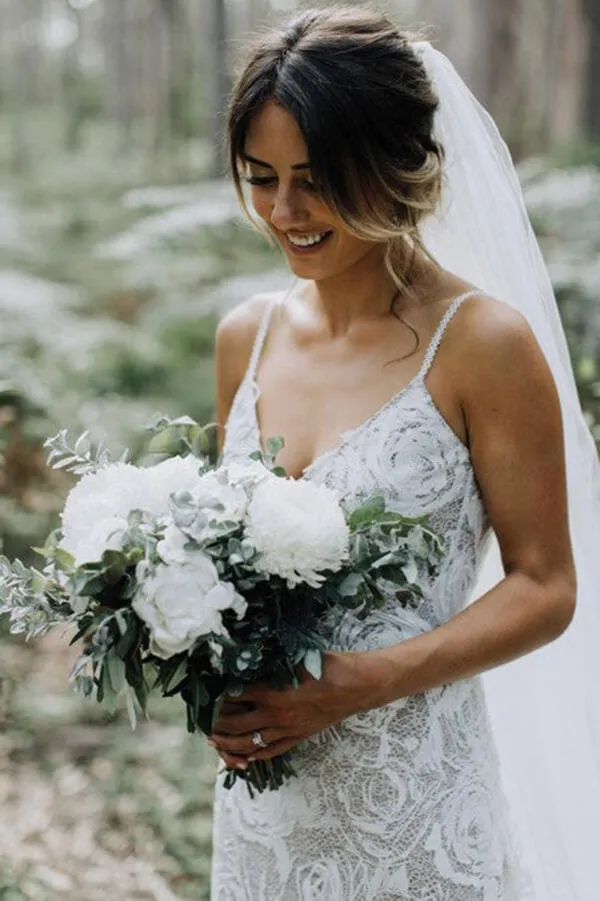 Roycebridal Lace Sheath Backless Spaghetti Straps Beach Wedding Dress, Wedding Gown, MW657