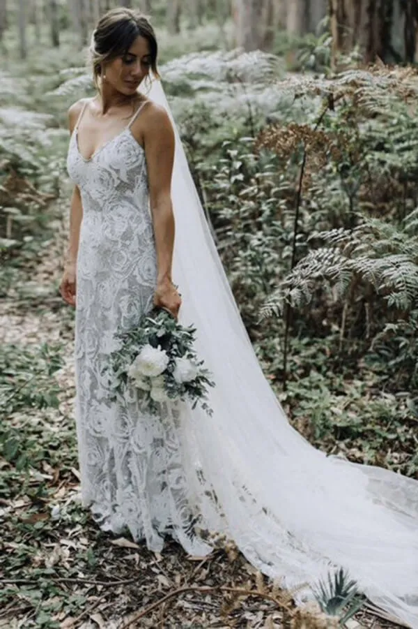 Roycebridal Lace Sheath Backless Spaghetti Straps Beach Wedding Dress, Wedding Gown, MW657