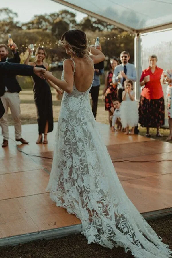 Roycebridal Lace Sheath Backless Spaghetti Straps Beach Wedding Dress, Wedding Gown, MW657