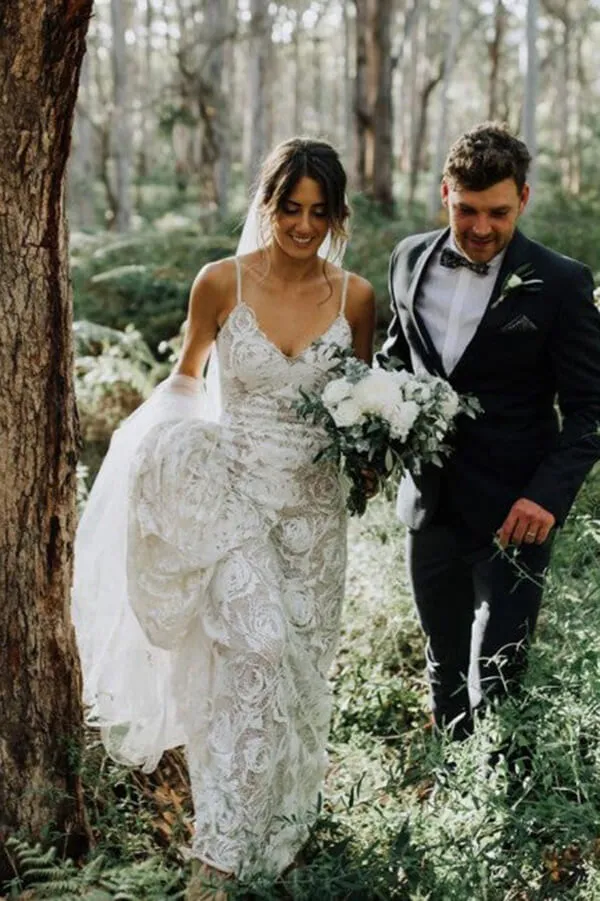 Roycebridal Lace Sheath Backless Spaghetti Straps Beach Wedding Dress, Wedding Gown, MW657