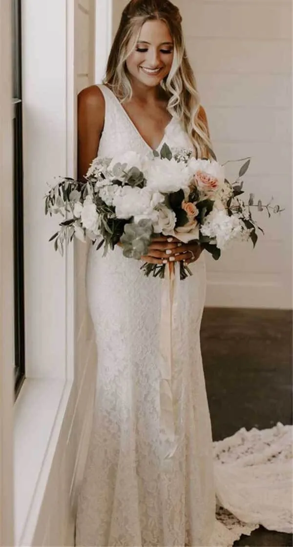 Roycebridal Lace Sheath V-neck Backless Wedding Dresses With Train, Bridal Gowns, MW777