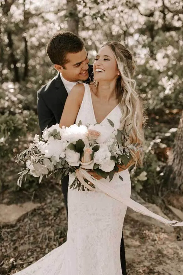 Roycebridal Lace Sheath V-neck Backless Wedding Dresses With Train, Bridal Gowns, MW777