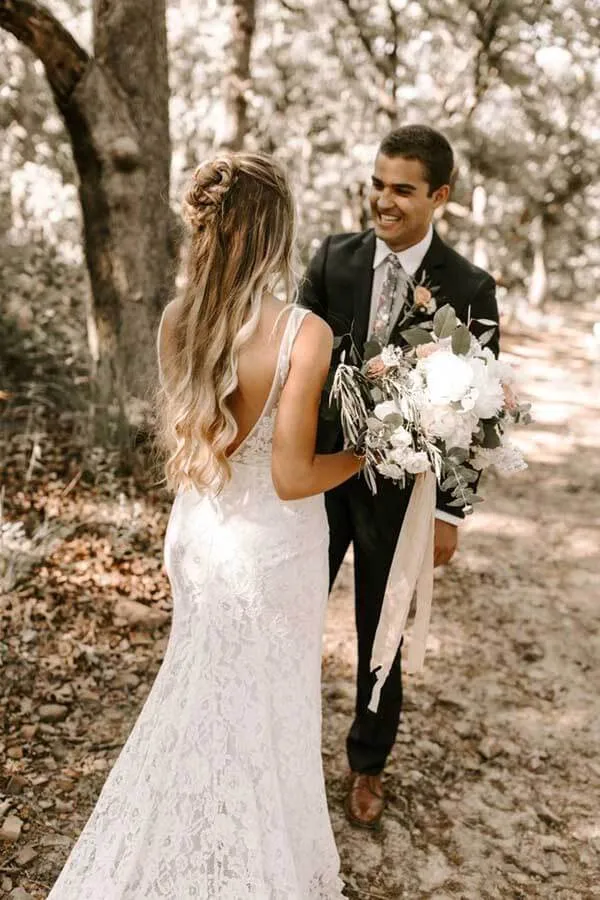Roycebridal Lace Sheath V-neck Backless Wedding Dresses With Train, Bridal Gowns, MW777