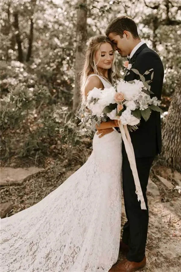 Roycebridal Lace Sheath V-neck Backless Wedding Dresses With Train, Bridal Gowns, MW777