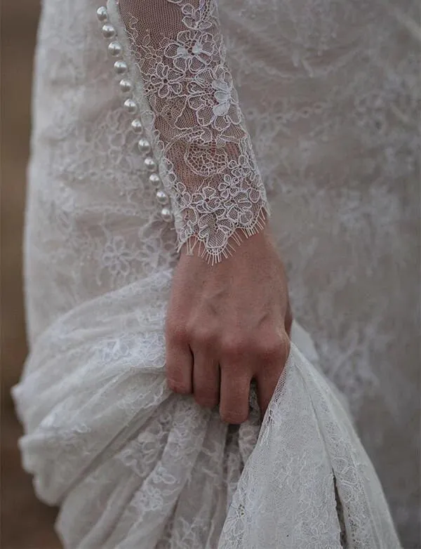 Roycebridal Sheath Lace Long Sleeves Beaded Wedding Dresses, Vintage Bridal Gown, MW813