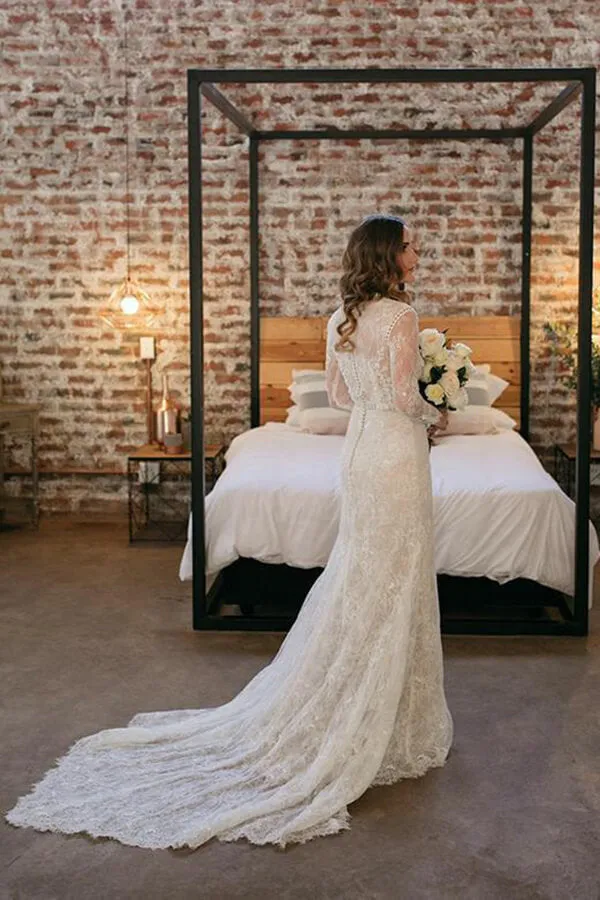 Roycebridal Sheath Lace Long Sleeves Beaded Wedding Dresses, Vintage Bridal Gown, MW813