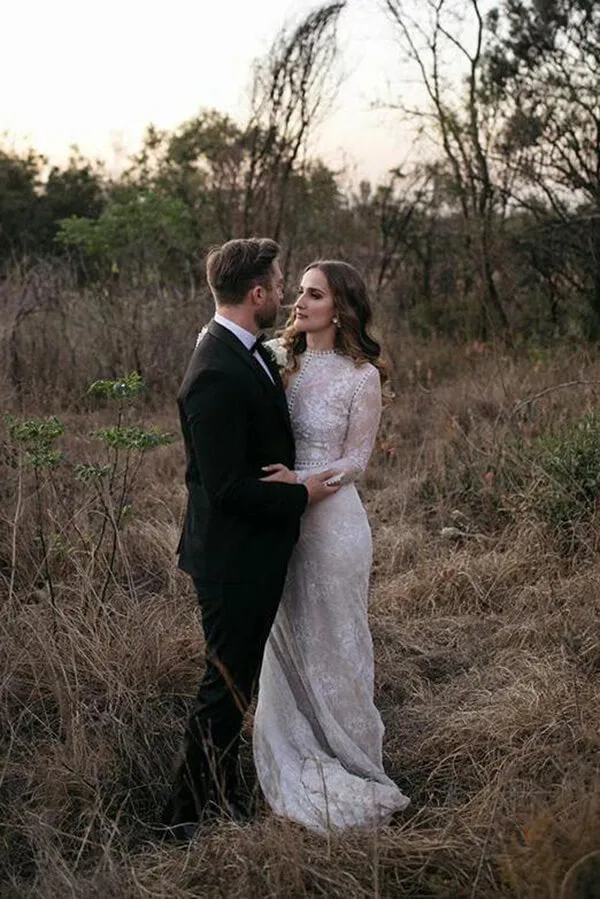 Roycebridal Sheath Lace Long Sleeves Beaded Wedding Dresses, Vintage Bridal Gown, MW813