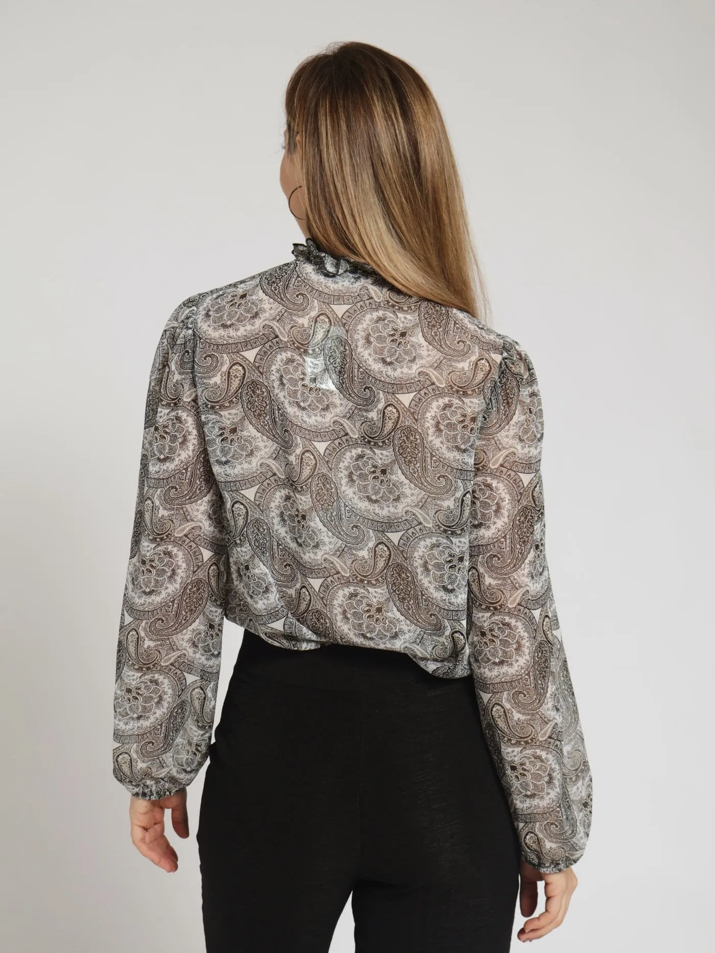 Ruffle Peasant Tie Up Blouse - Black/White