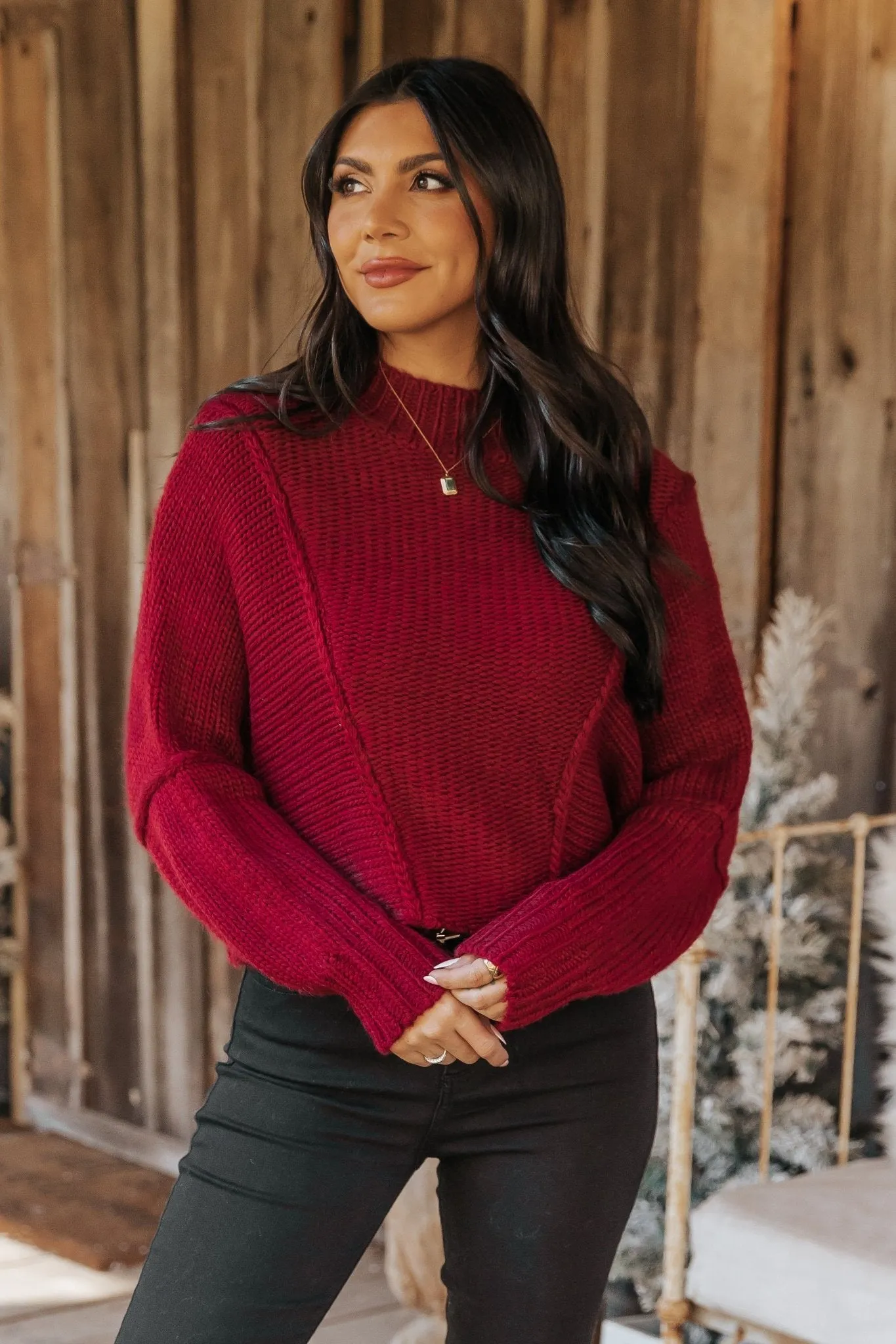 Seam Detail Mock Neck Sweater - Wine - FINAL SALE