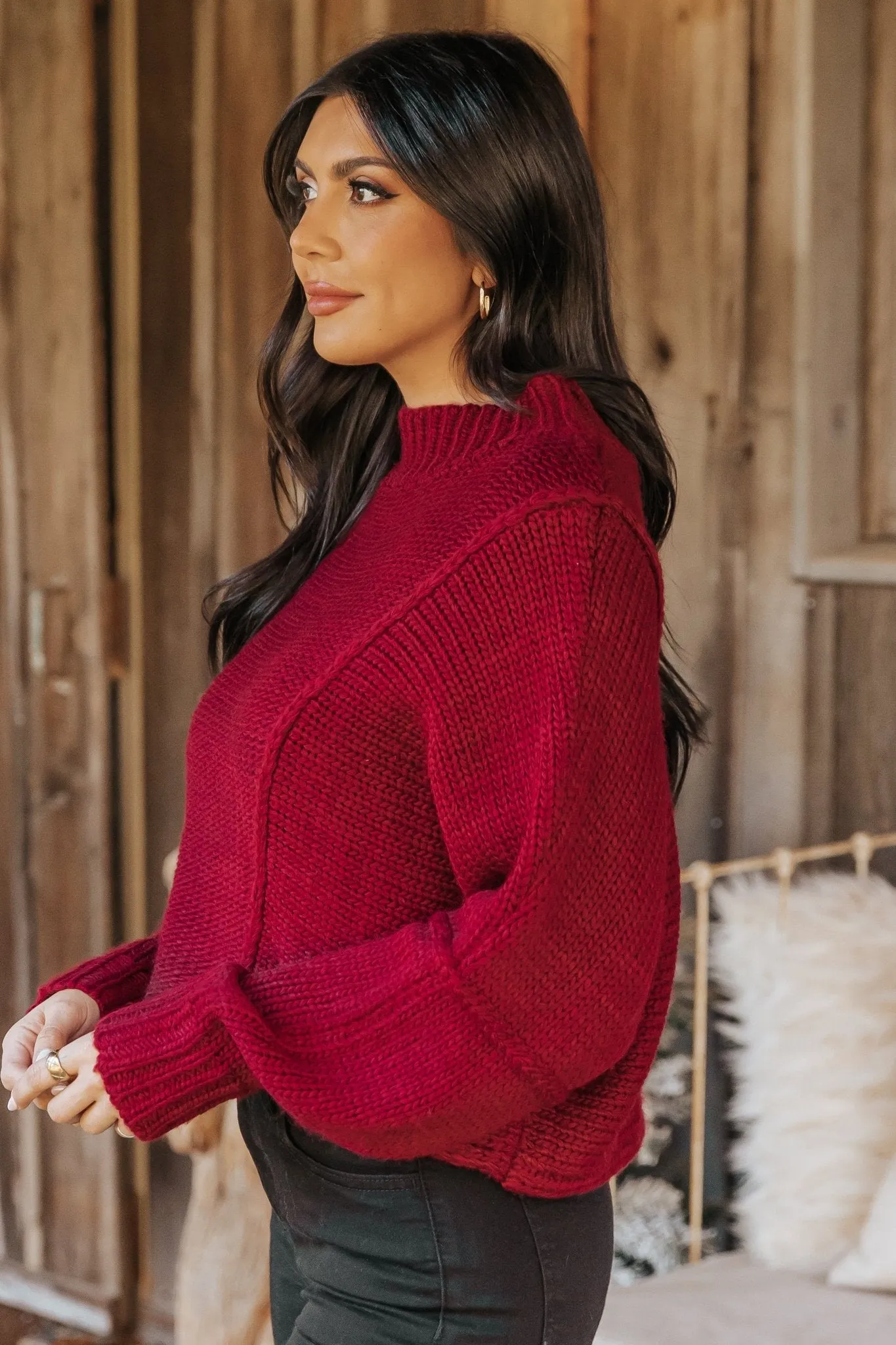 Seam Detail Mock Neck Sweater - Wine - FINAL SALE