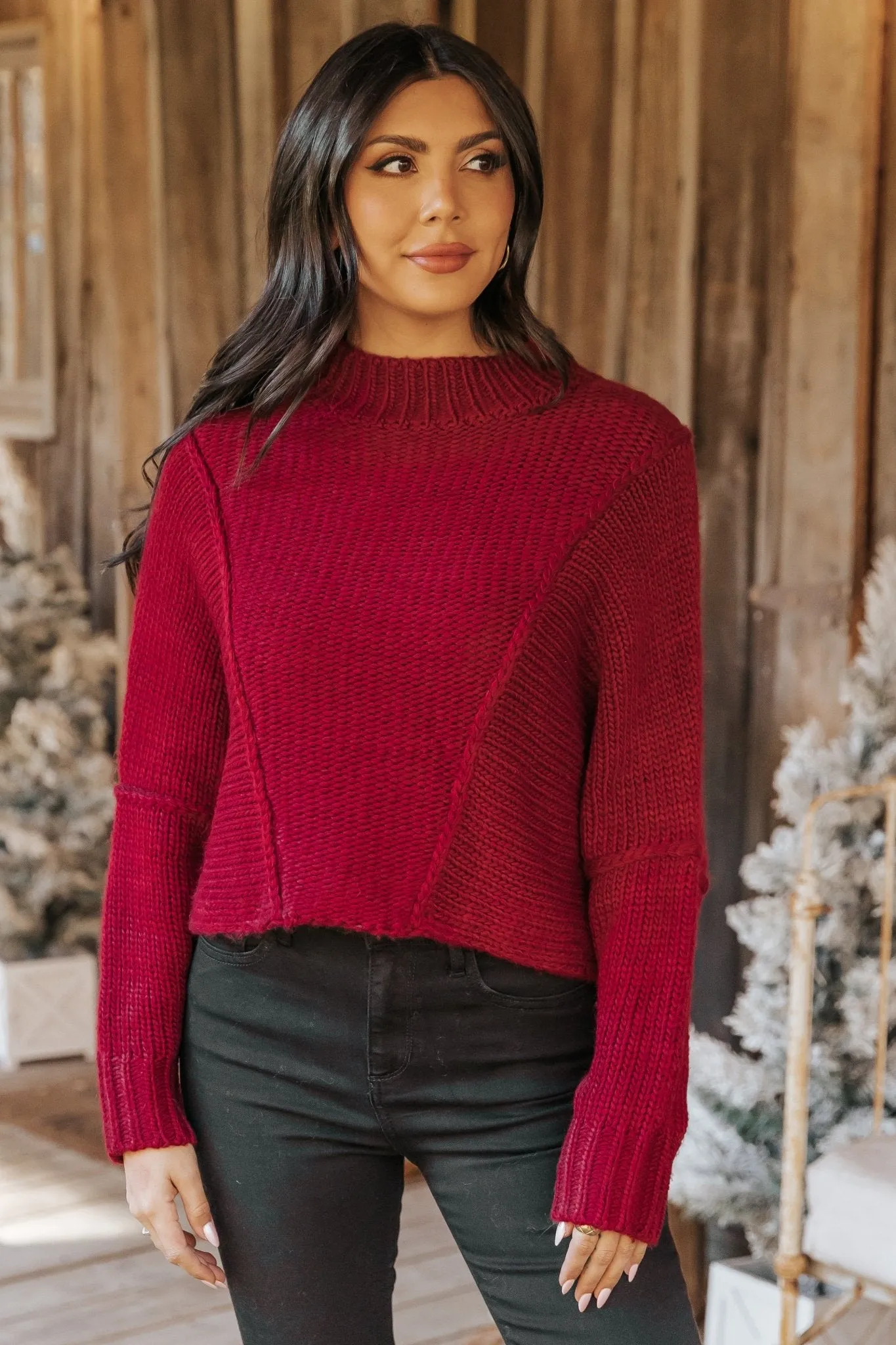 Seam Detail Mock Neck Sweater - Wine - FINAL SALE