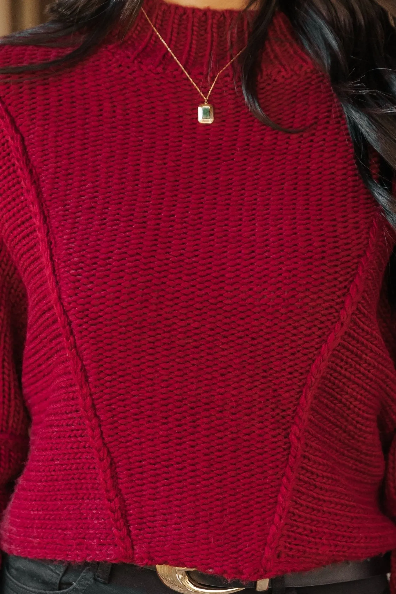 Seam Detail Mock Neck Sweater - Wine - FINAL SALE