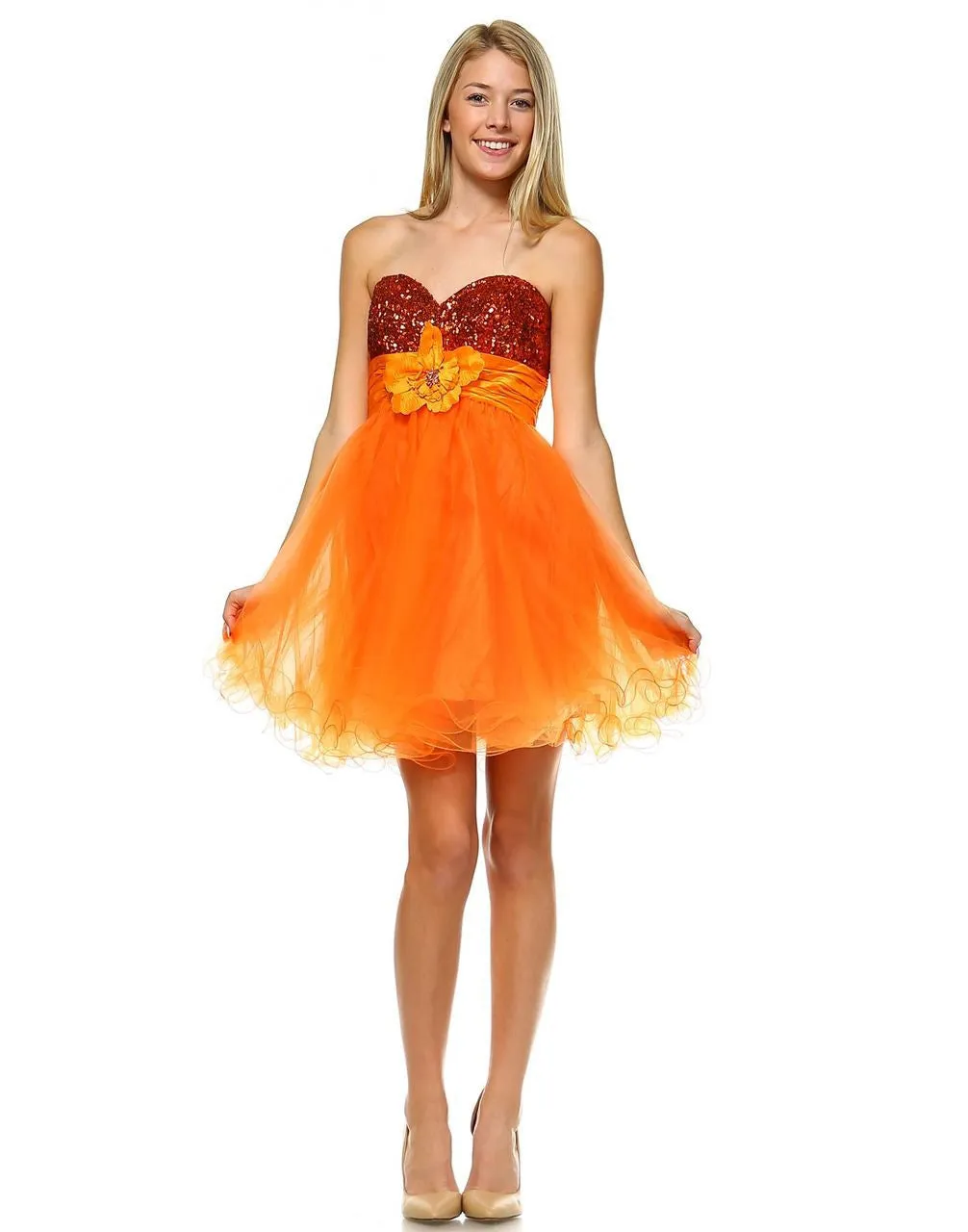 Sequin  Cocktail Babydoll Party Dress with Florette Orange