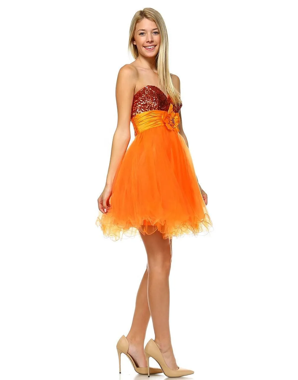 Sequin  Cocktail Babydoll Party Dress with Florette Orange