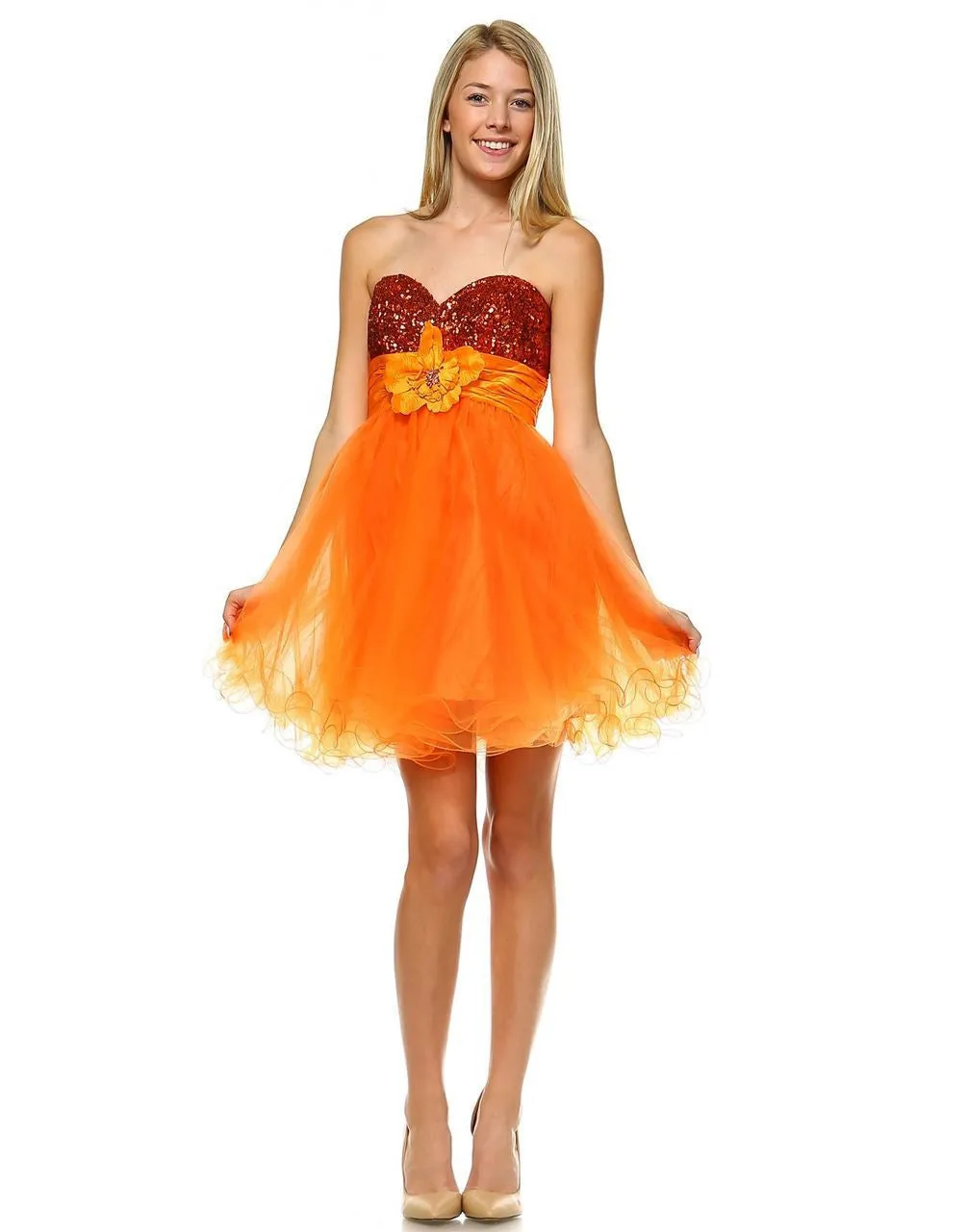 Sequin  Cocktail Babydoll Party Dress with Florette Orange