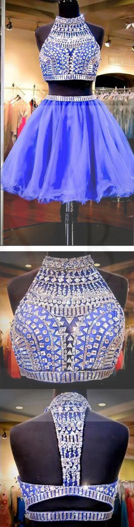 Sexy 2 pieces beaded Royal Blue short homecoming prom dresses, CM0028