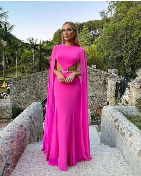 Sexy Amaranth Chiffon Prom Dresses Pleat Ruched Long Cape Sleeves Backless Formal Evening Dress Women Party Gowns