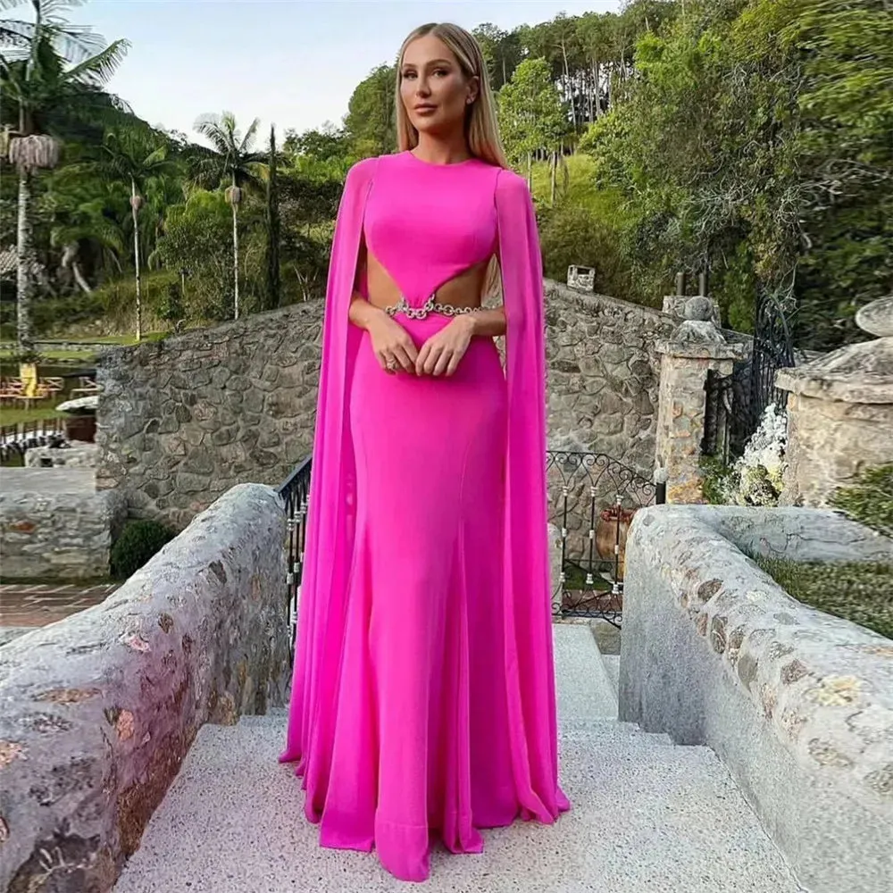 Sexy Amaranth Chiffon Prom Dresses Pleat Ruched Long Cape Sleeves Backless Formal Evening Dress Women Party Gowns