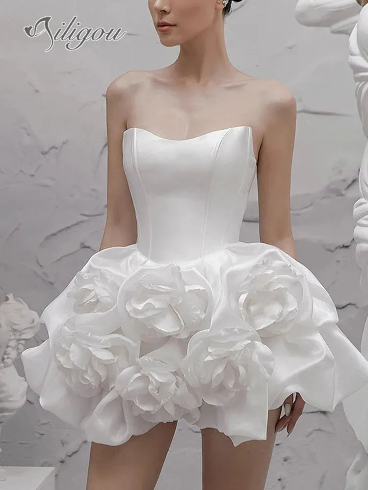 Sexy Strapless 3D Flower Tight Mini Dress