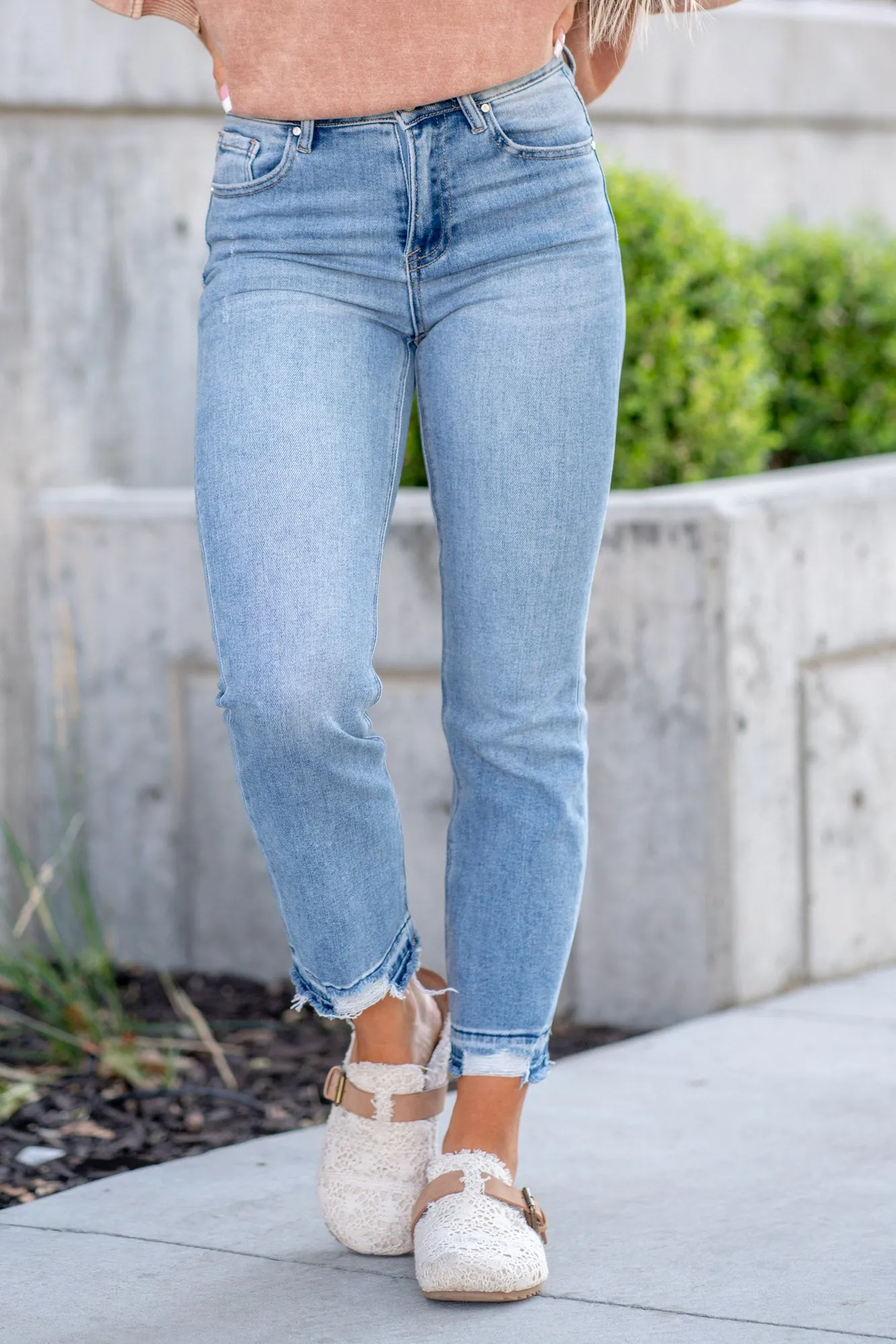Shadow Hem High Rise Distressed Straight Leg