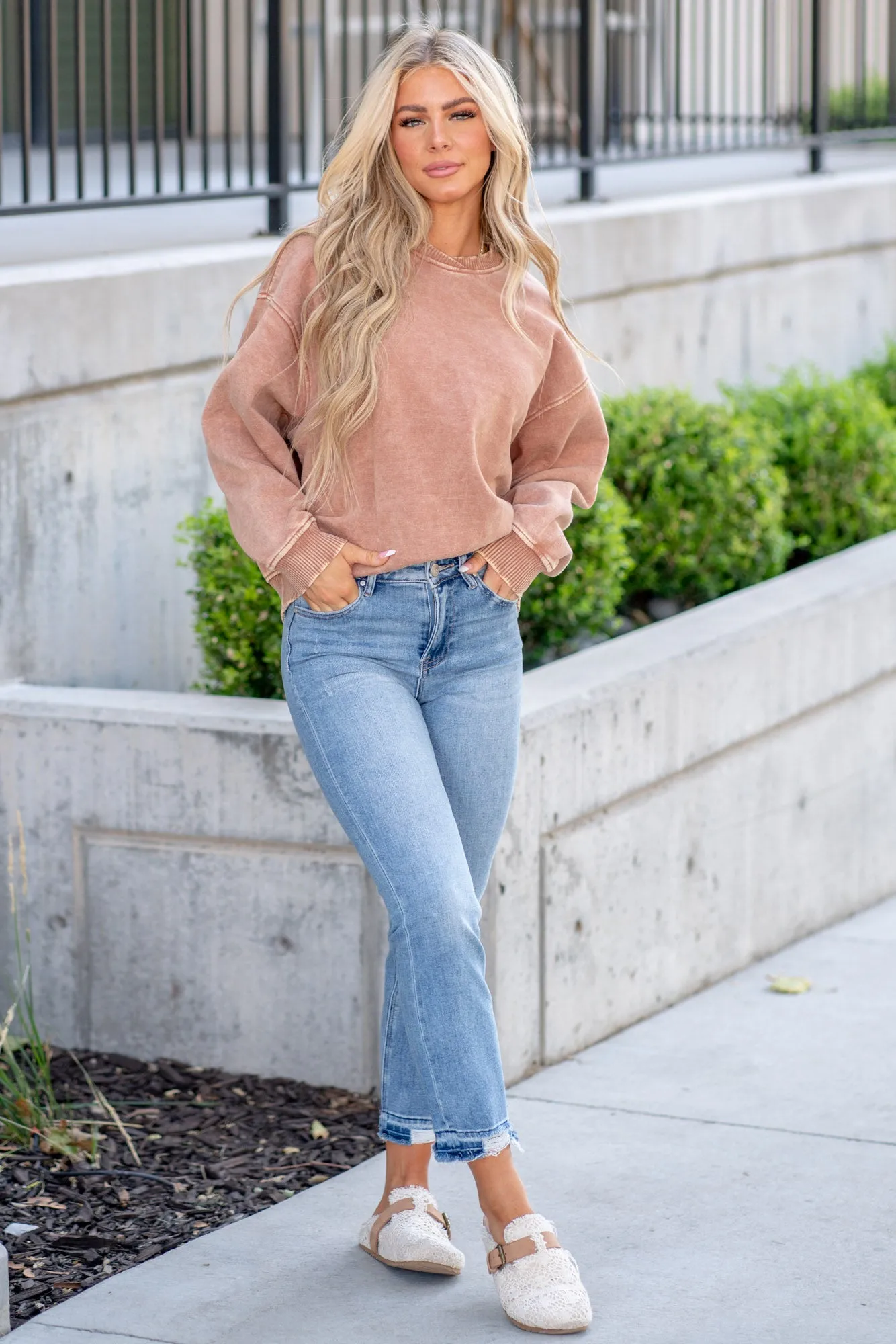 Shadow Hem High Rise Distressed Straight Leg
