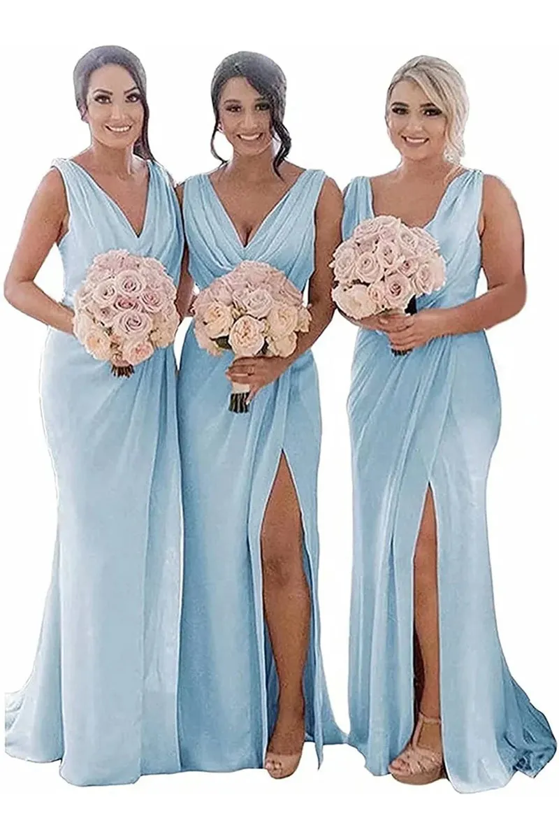 Sheath Chiffon Ruched Long Bridesmaid Dresses with Slit